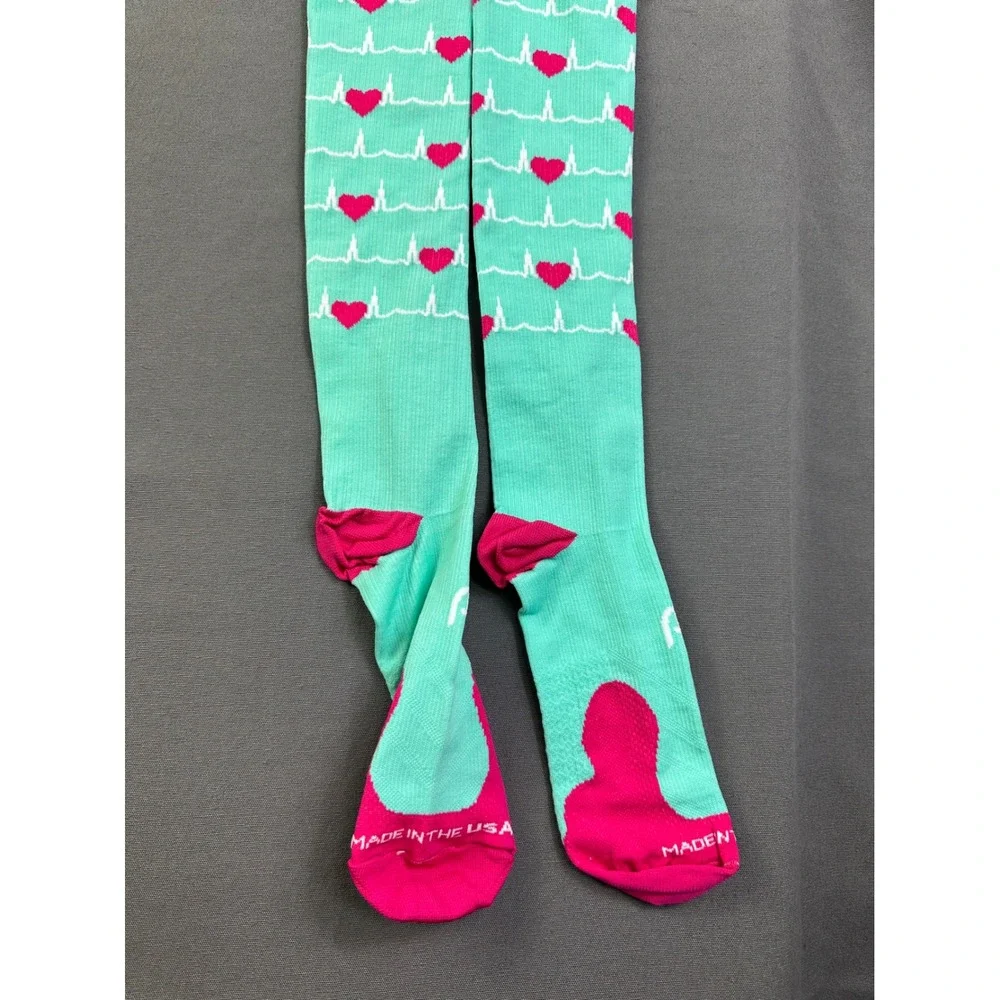 2 pairs Teal Pink EKG Heartbeat Compression Socks Knee High LG/XL Made in USA‎